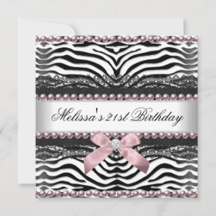 Invitación Cumpleaños 21 Cebra Rosa Blanco Encaje Negro