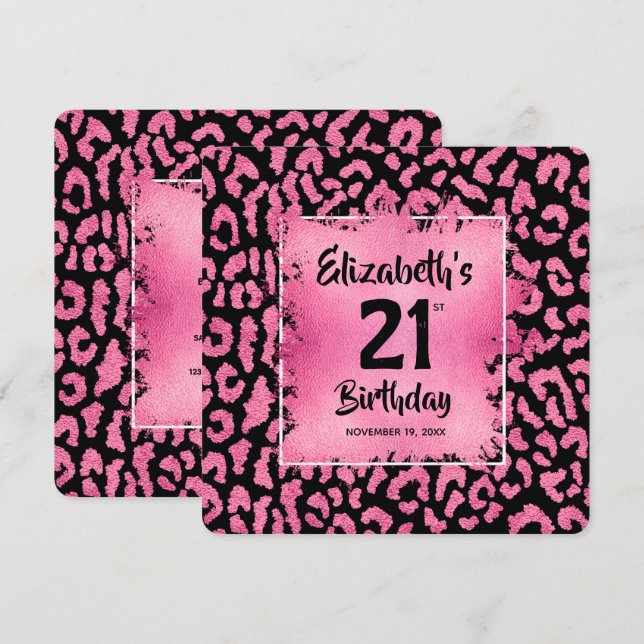Invitación Cumpleaños 21 Chic Hot Pink Estampado Leopardo  (Anverso / Reverso)