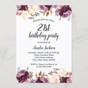 Invitación Cumpleaños 21 con Acuarela de Flor de Color Púrpur