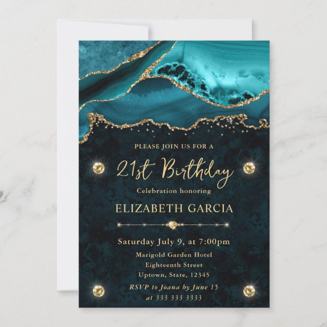 Invitación Cumpleaños 21 con Agata Brillante Verde y Dorado (Anverso)