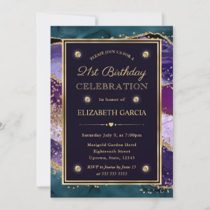 Invitación Cumpleaños 21 con brillo de ágata Teal, Púrpura y