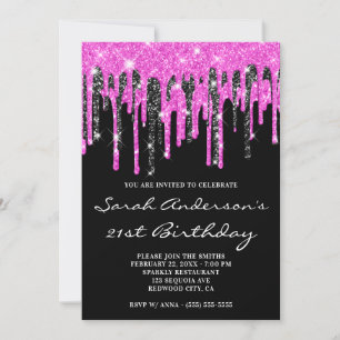 Invitación Cumpleaños 21 con Brillos Calientes Rosados y Negr