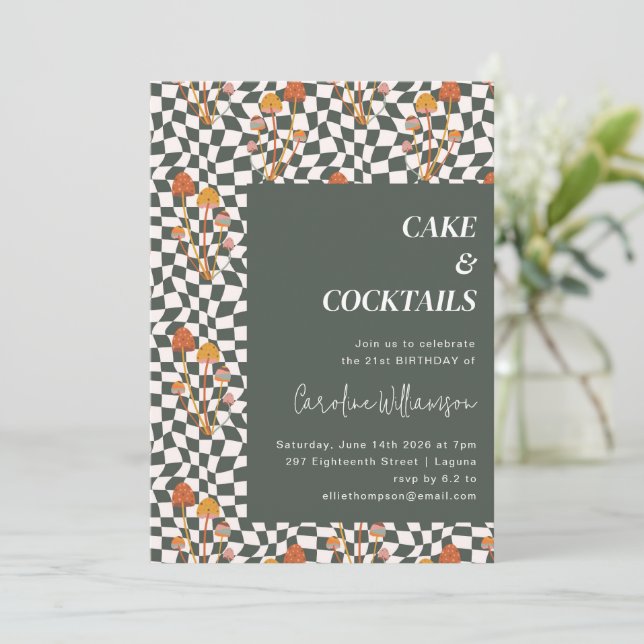 Invitación Cumpleaños 21 con Champiñón Verde Oliva Ondulado a (Anverso de pie)