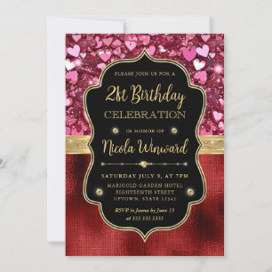 Invitación Cumpleaños 21 con Corazones de Purpurina Rosa y Ho