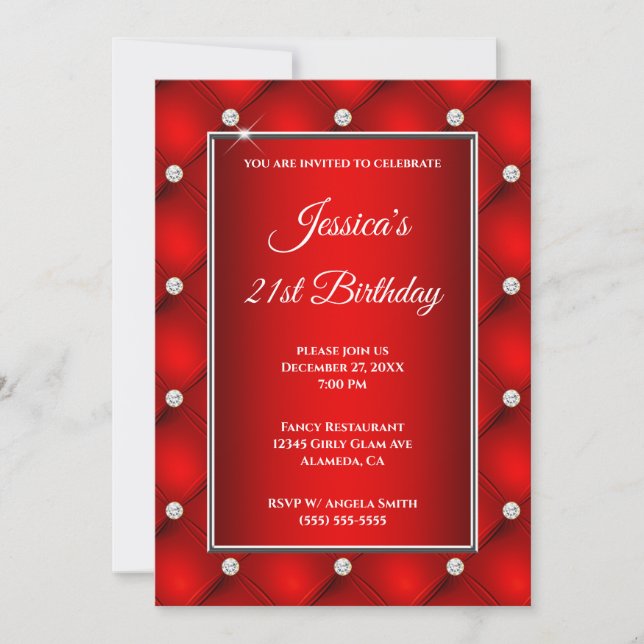 Invitación Cumpleaños 21 con diamantes de imitación en tufted (Anverso)