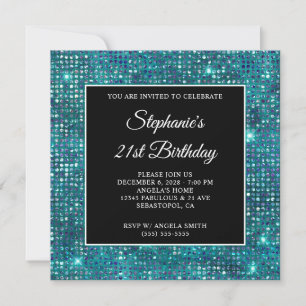 Invitación Cumpleaños 21 con diamantes y foil azul negro azul