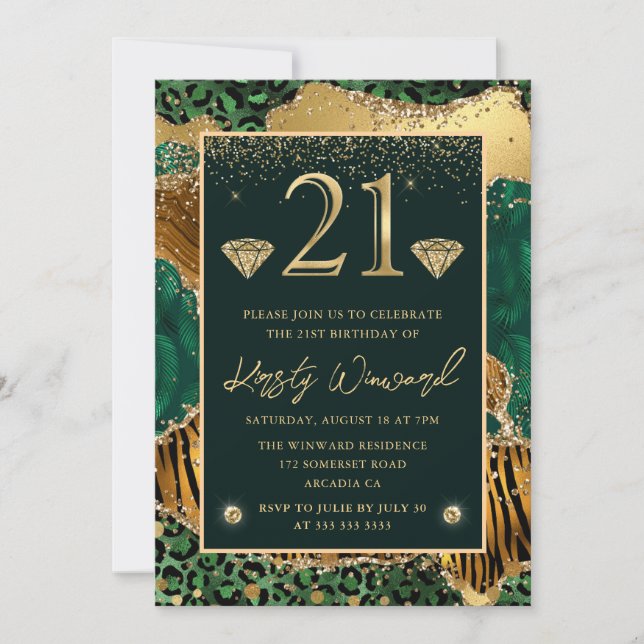Invitación Cumpleaños 21 con estampado de animal de jungla ve (Anverso)
