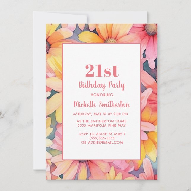 Invitación Cumpleaños 21 con flores acuarela rosa amarillo na (Anverso)