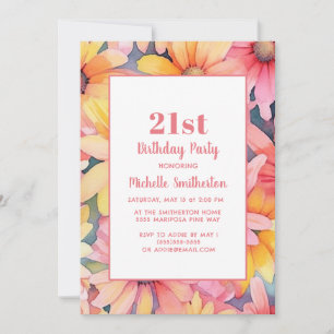 Invitación Cumpleaños 21 con flores acuarela rosa amarillo na