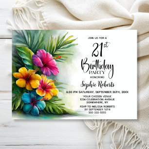 Invitación Cumpleaños 21 con Flores de Hibisco Tropical