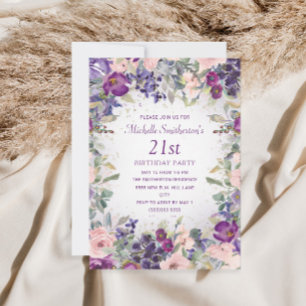 Invitación Cumpleaños 21 con Flores Rosadas y Tono Morado