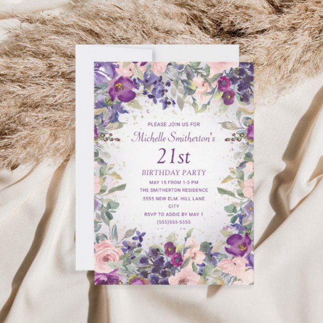 Invitación Cumpleaños 21 con Flores Rosadas y Tono Morado (Subido por el creador)