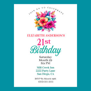 Invitación Cumpleaños 21 con Flores Tropicales