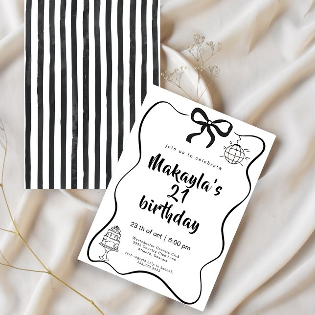 Invitación Cumpleaños 21 con lazo negro dibujado a mano moder (Subido por el creador)
