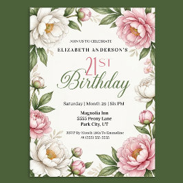Invitación Cumpleaños 21 con Magnolia Rosa Suave y Peonía
