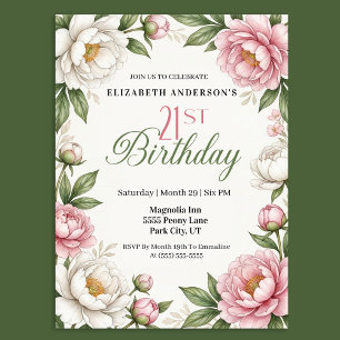 Invitación Cumpleaños 21 con magnolias y peonías de color ros