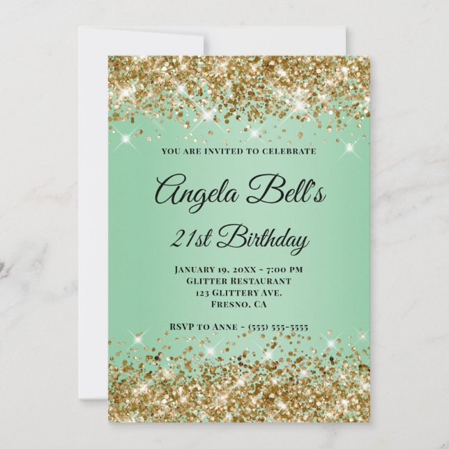 Invitación Cumpleaños 21 con Monograma Ombre Menta y Brillo D (Anverso)