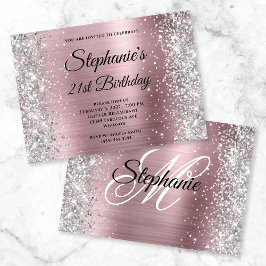 Invitación Cumpleaños 21 con Monograma Rosa Claro y Brillo Pl