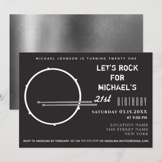 Invitación Cumpleaños 21 con tambor negro y blanco (Anverso / Reverso)