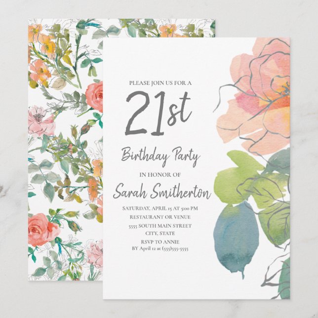 Invitación Cumpleaños 21 Coral Rosa Boho Floral Acuarela (Anverso / Reverso)