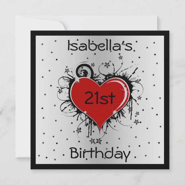 Invitación Cumpleaños 21 Corazón Rojo en Blanco y  (Anverso)