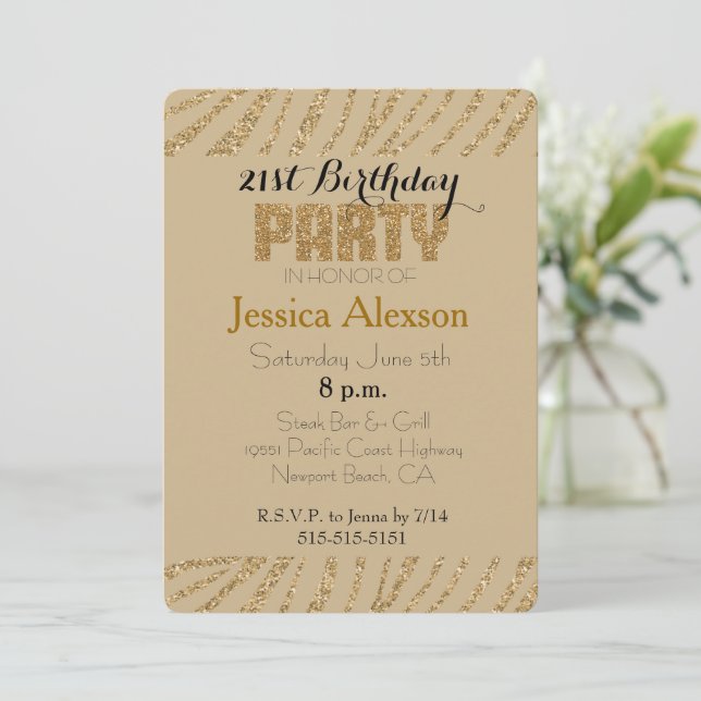 Invitación Cumpleaños 21 Cream Gold Estampado de Cebra Brillo (Anverso de pie)