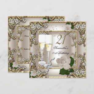 Invitación Cumpleaños 21 Cumpleaños Fiesta Crema Oro Rosa Pla