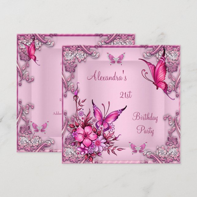 Invitación Cumpleaños 21 Cumpleaños Hermoso Rosa Floral Marip (Anverso / Reverso)