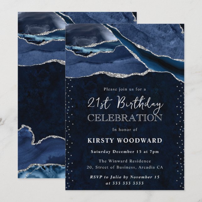 Invitación Cumpleaños 21 de Ágata con Brillo Azul y Plateado (Anverso / Reverso)