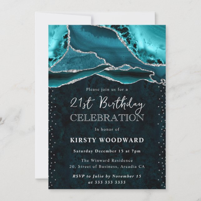 Invitación Cumpleaños 21 de Ágata con Brillo Teal y Plata (Anverso)
