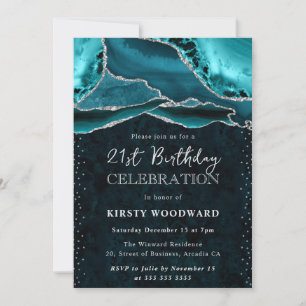 Invitación Cumpleaños 21 de Ágata con Brillo Teal y Plata