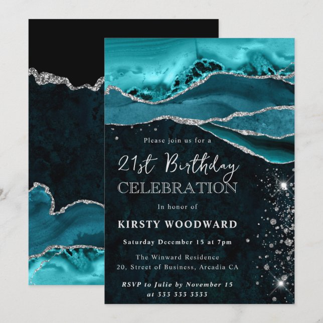 Invitación Cumpleaños 21 de Ágata con Brillo Teal y Plata (Anverso / Reverso)