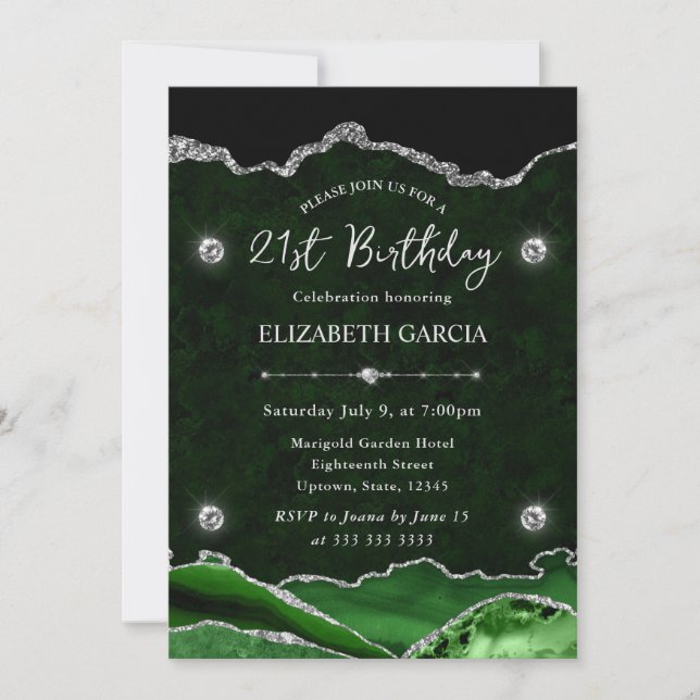 Invitación Cumpleaños 21 de Ágata con Brillo Verde y Plateado (Anverso)