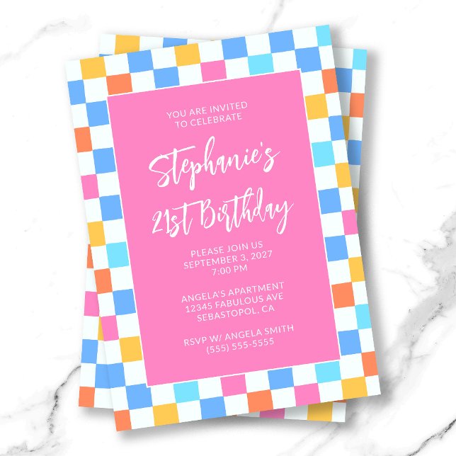 Invitación Cumpleaños 21 de Arcoíris de Verano A Cuadros Negr (Summer Rainbow Check Bold 21st Birthday Invitation)