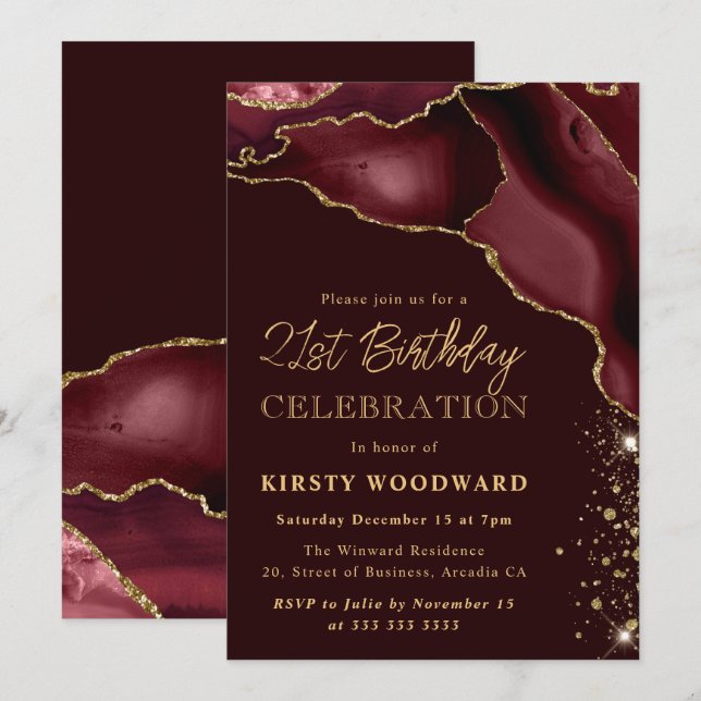 Invitación Cumpleaños 21 de Burdeos y Oro con Brillo de Ágata (Anverso / Reverso)