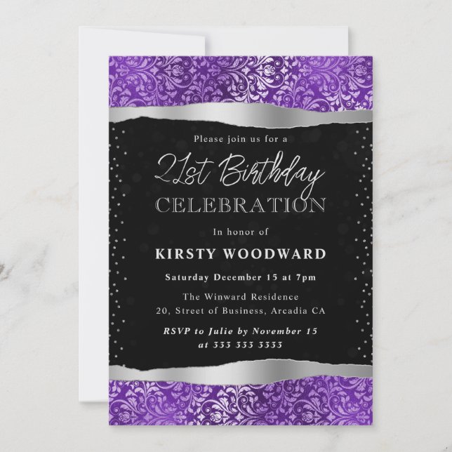 Invitación Cumpleaños 21 de Damasco Negro y Morado con Brillo (Anverso)