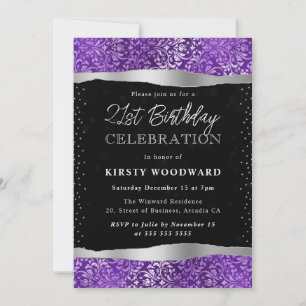 Invitación Cumpleaños 21 de Damasco Negro y Morado con Brillo