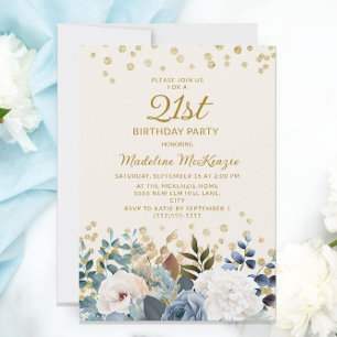 Invitación Cumpleaños 21 de Dusty Blue White Floral Gold