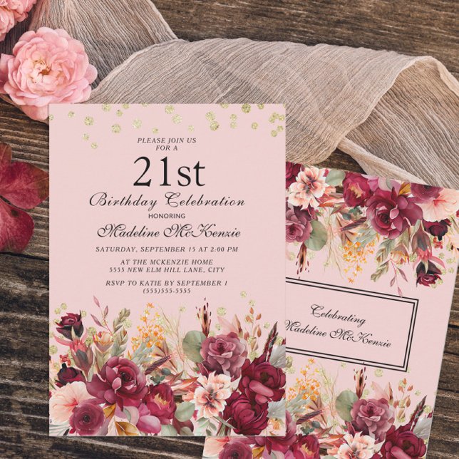 Invitación Cumpleaños 21 de flores de Borgoña rosadas con bri (Subido por el creador)