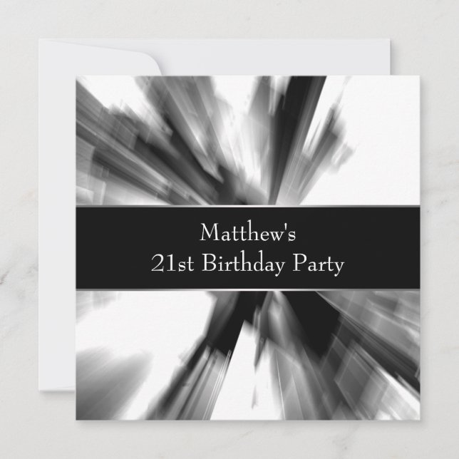 Invitación Cumpleaños 21 de hombre abstracto negro blanco (Anverso)