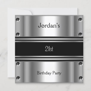 Invitación Cumpleaños 21 de Hombre Fiesta Metal Negro Plata