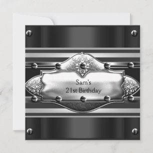 Invitación Cumpleaños 21 de Hombre Fiesta Metal Negro Platead
