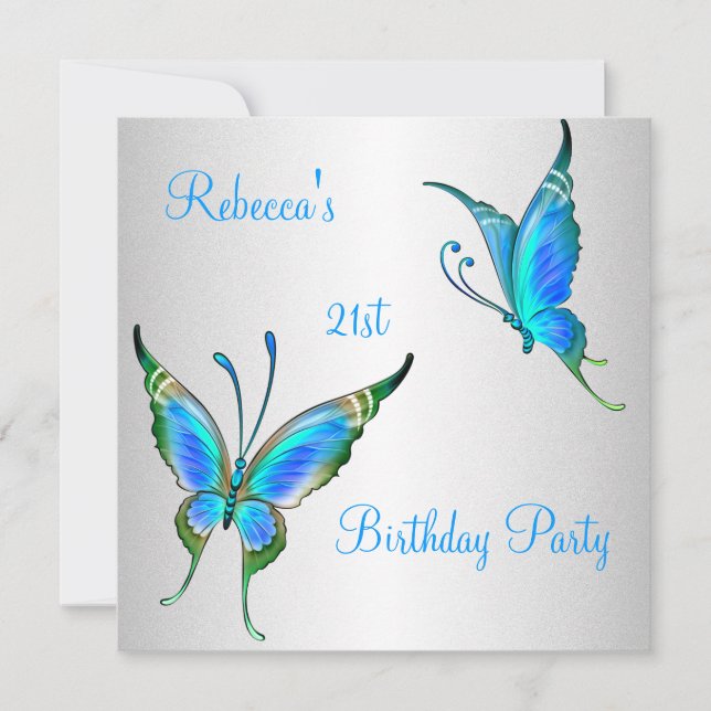 Invitación Cumpleaños 21 de Mariposas Azul Blanco (Anverso)