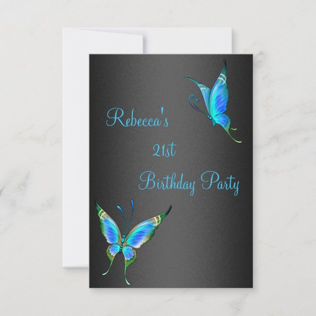Invitación Cumpleaños 21 de Mariposas Azul Negro (Anverso)