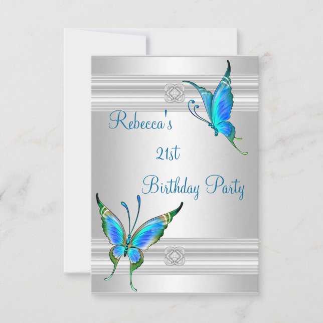 Invitación Cumpleaños 21 de Mariposas Blanco Plateado Teal (Anverso)