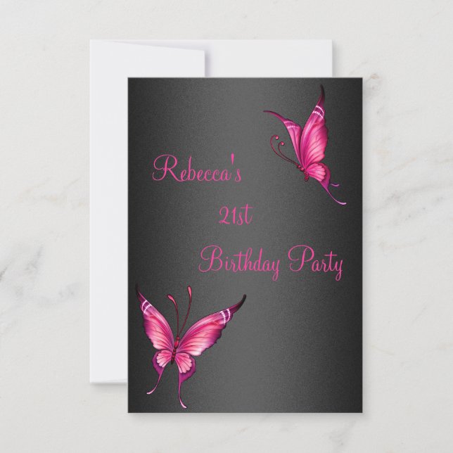 Invitación Cumpleaños 21 de Mariposas Rosa Negro (Anverso)