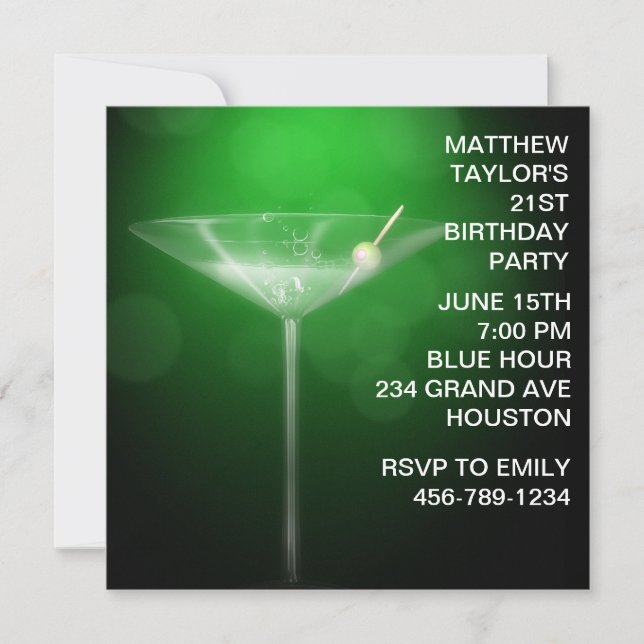 Invitación Cumpleaños 21 de Martini Glass Mans (Anverso)