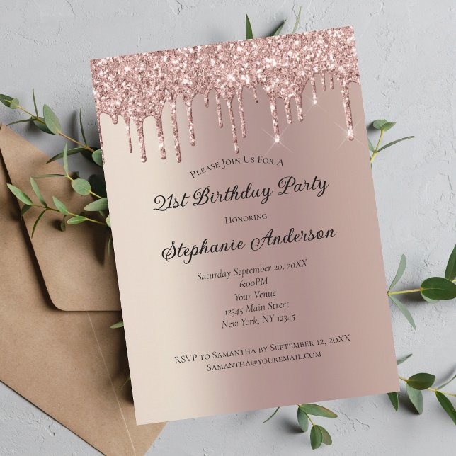 Invitación Cumpleaños 21 de moda con brillo dorado rosa (Subido por el creador)