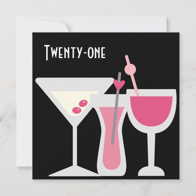 Invitación Cumpleaños 21 de mujer cocteles rosa y negro (Anverso)
