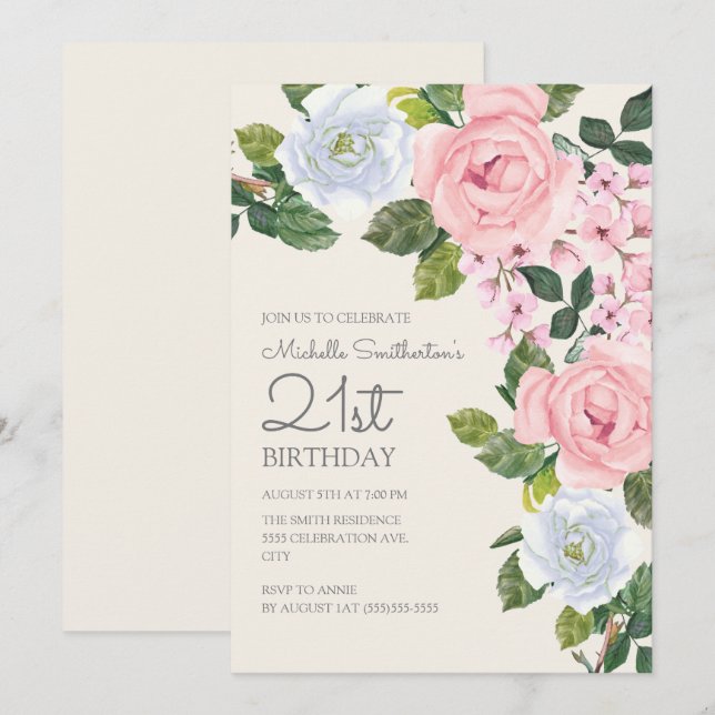 Invitación Cumpleaños 21 de mujer con flores rosadas pastel y (Anverso / Reverso)